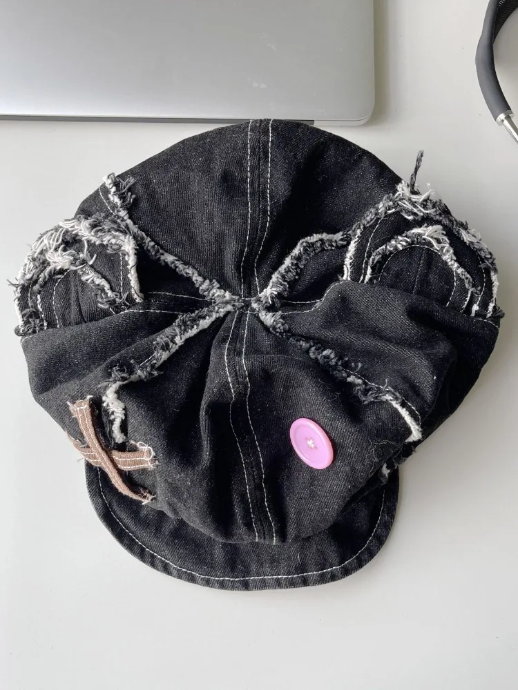 2024 Punk Gothic Solid Vintage Button Hat Women Y2k Aesthetic Bear Doll All Match Hats Autumn Winter Grunge New Streetwear Cap