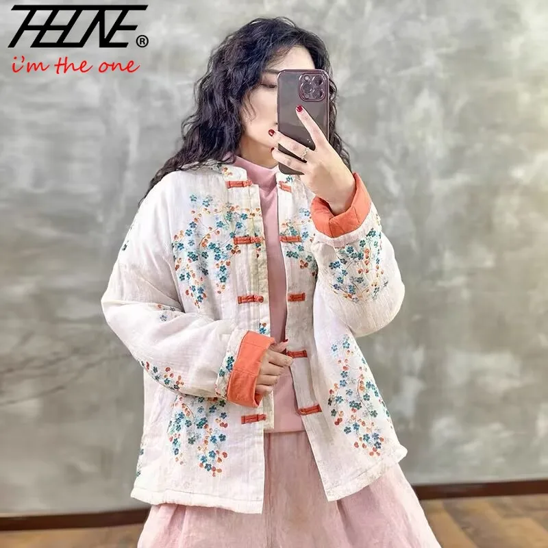 THHONE Autumn Winter Jackets for Women Clothes 2024 Chinese Style Korean Vintage Print Loose Padded Parkas Coat Women's Clothing