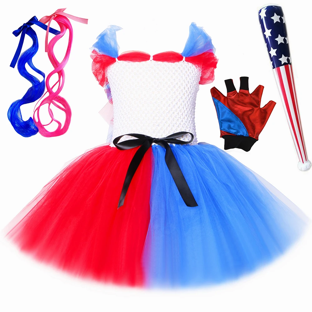 

Girls Harley Squad Monster Joker Costume Red Blue Tulle Tutu Dress Toddler Kids Halloween Carnival Party Villain Clown Dress Up