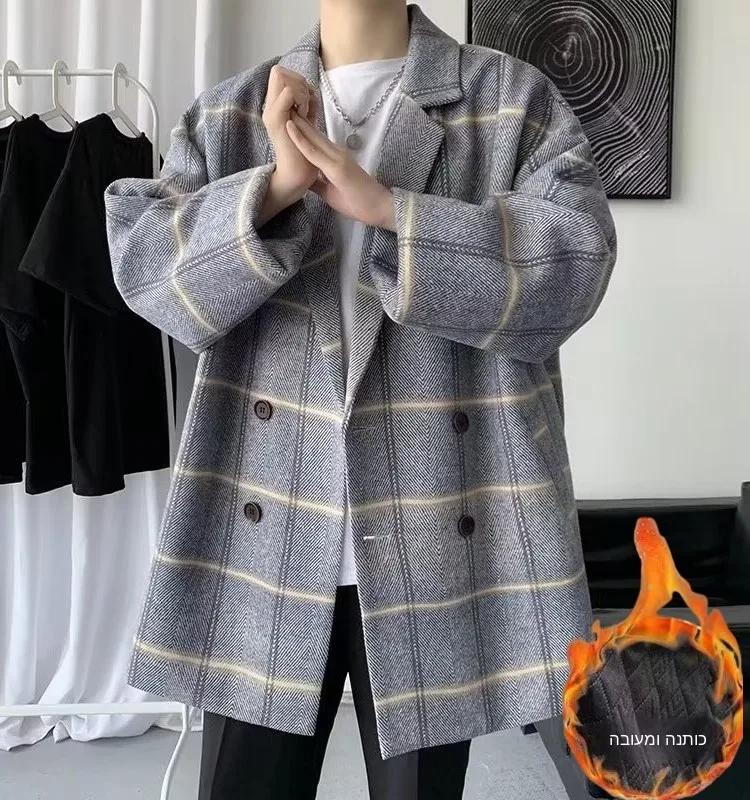 Autumn Winter Thickened Medium Length Plaid Woolen Men's Coat British Style Oversize Retro Double Button Windbreaker