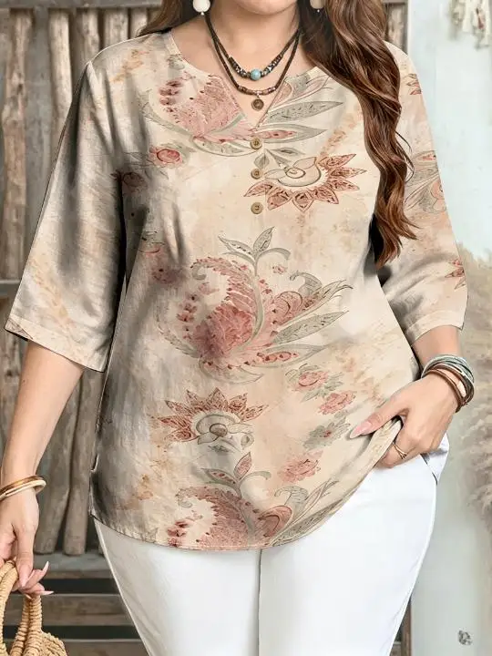 Women Vintage Paisley Tile Botanical Floral Print Blouse For Curvy Figures Notched Neck 3/4 Sleeve Loose Casual Ladies Tops