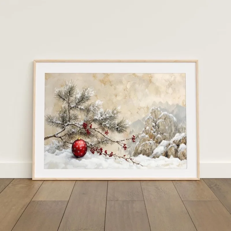 Winter Mountain Canvas Wall Art Snowy Pine Branch Red Bauble Berry Vintage Farmhouse Christmas Wall Print Unframed Canvas Poster