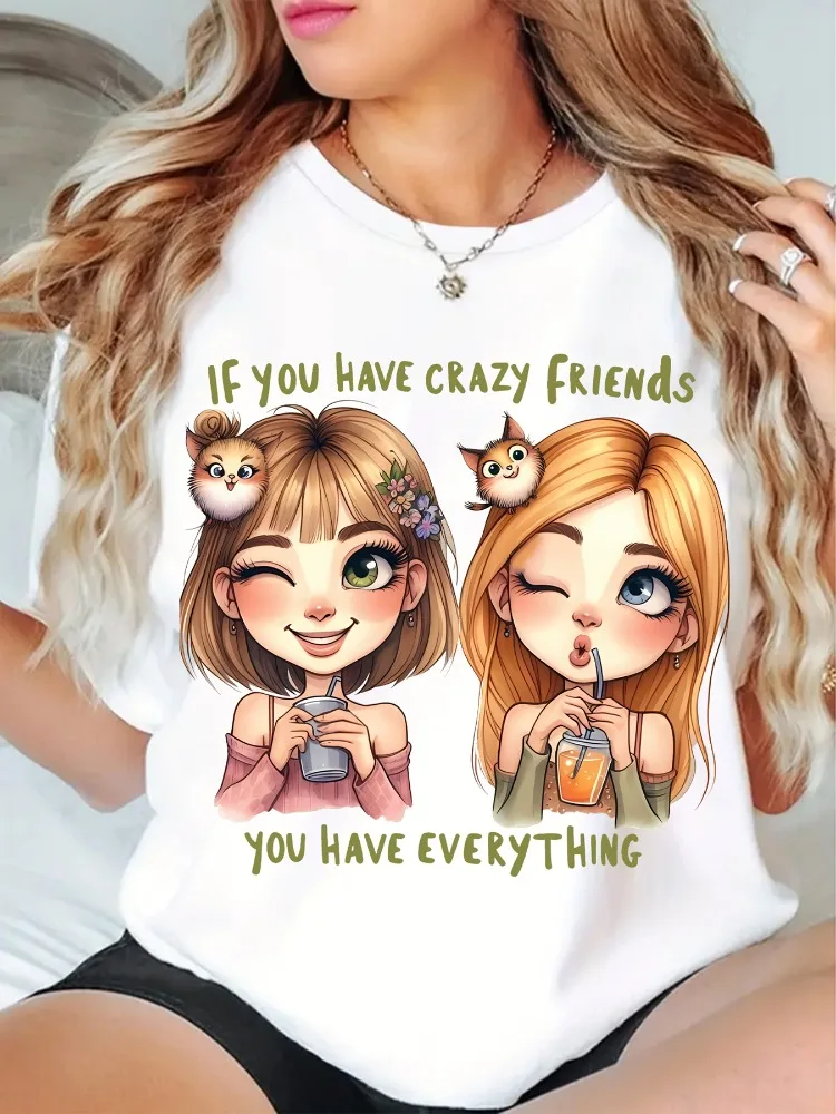 

Womens Casual Patterned T-Shirt Cute Friendship Quotes with Cat Design Short Sleeve Soft Bestie Perfect Gift Fun Print Shirt Top