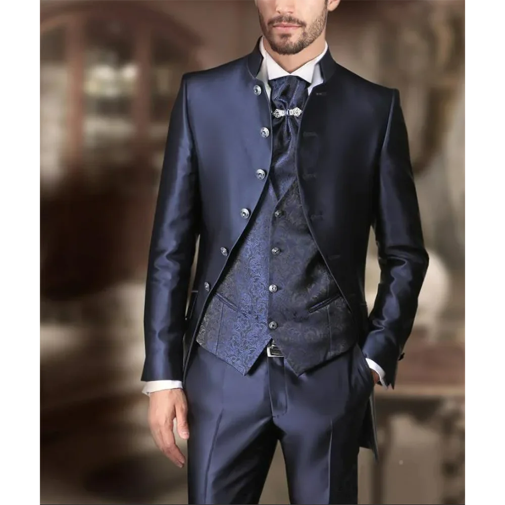 Latest Design Men Suits Italian Style Fashion Stand Collar Single Breasted Male Blazer Smart Casual Wedding Tuxedo Slim 3 Piece