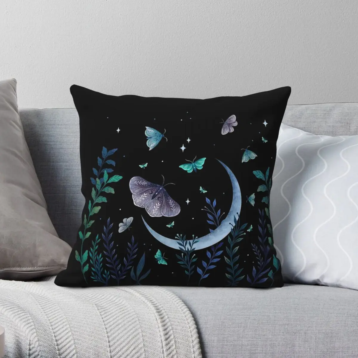 Moth Garden Mystical Night Pillowcase Polyester Linen Velvet Pattern Zip Decor Room Cushion Cover