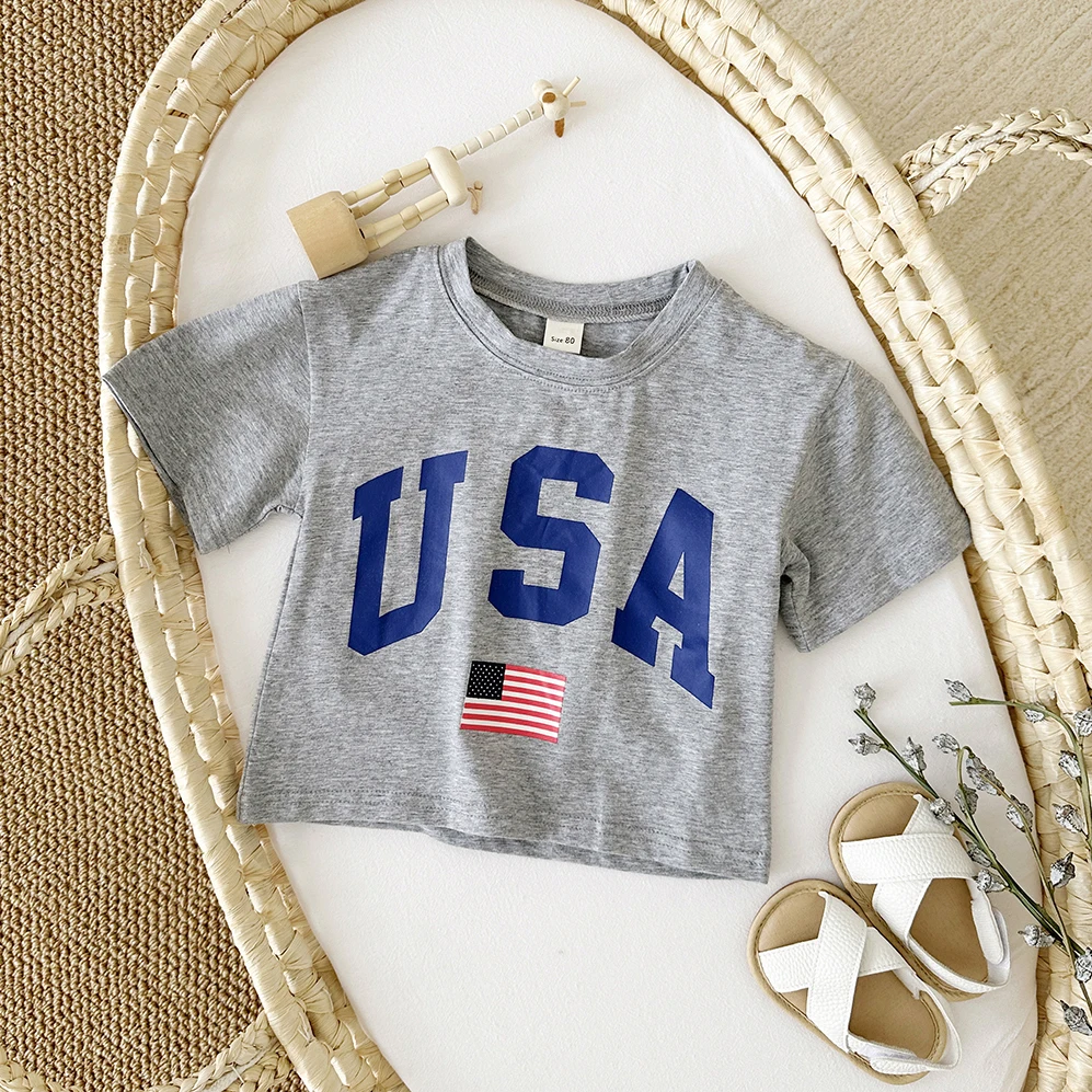 

America Summer Casual Short Sleeve Letter Printing T-shirts for Kids 0-12 Years Cotton Toddler Girls Boys Tops Baby Clothes
