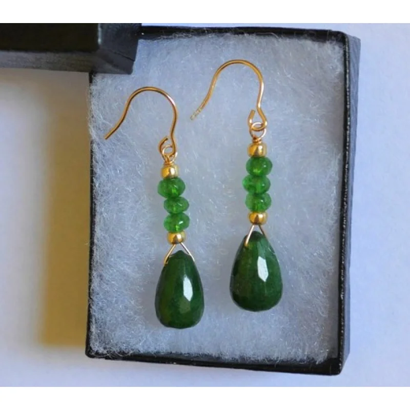 

Faceted Natural Green Emerald Drop Dangle Yellow Gold Earrings Handmade