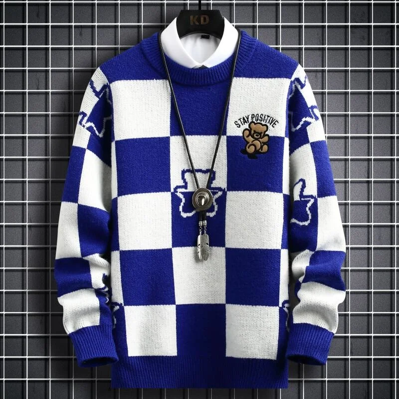 

2024 New Winter Hip Hop Printed Loose Mens Sweaters High End Cashmere Sweater Men Clothing Fashion Plaid Christmas Pullovers