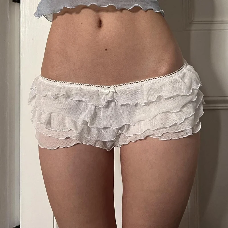 Lamuusaa y2k البنطلونات النسائية الجمالية القوس الصغير مرونة الخصر منخفضة الارتفاع الطبقات كشكش تحت السراويل لفساتين ملابس الصيف