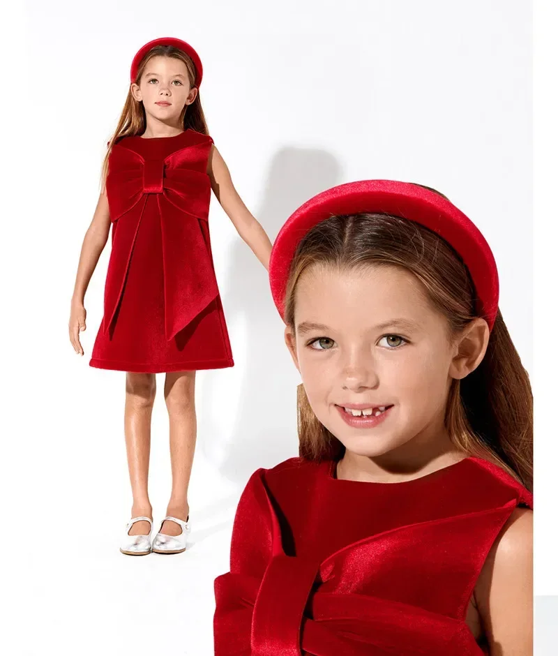 Vestido de fiesta rojo de Navidad para niñas, chaleco con lazo grande, pana, felicitación de Año Nuevo, 1-6T