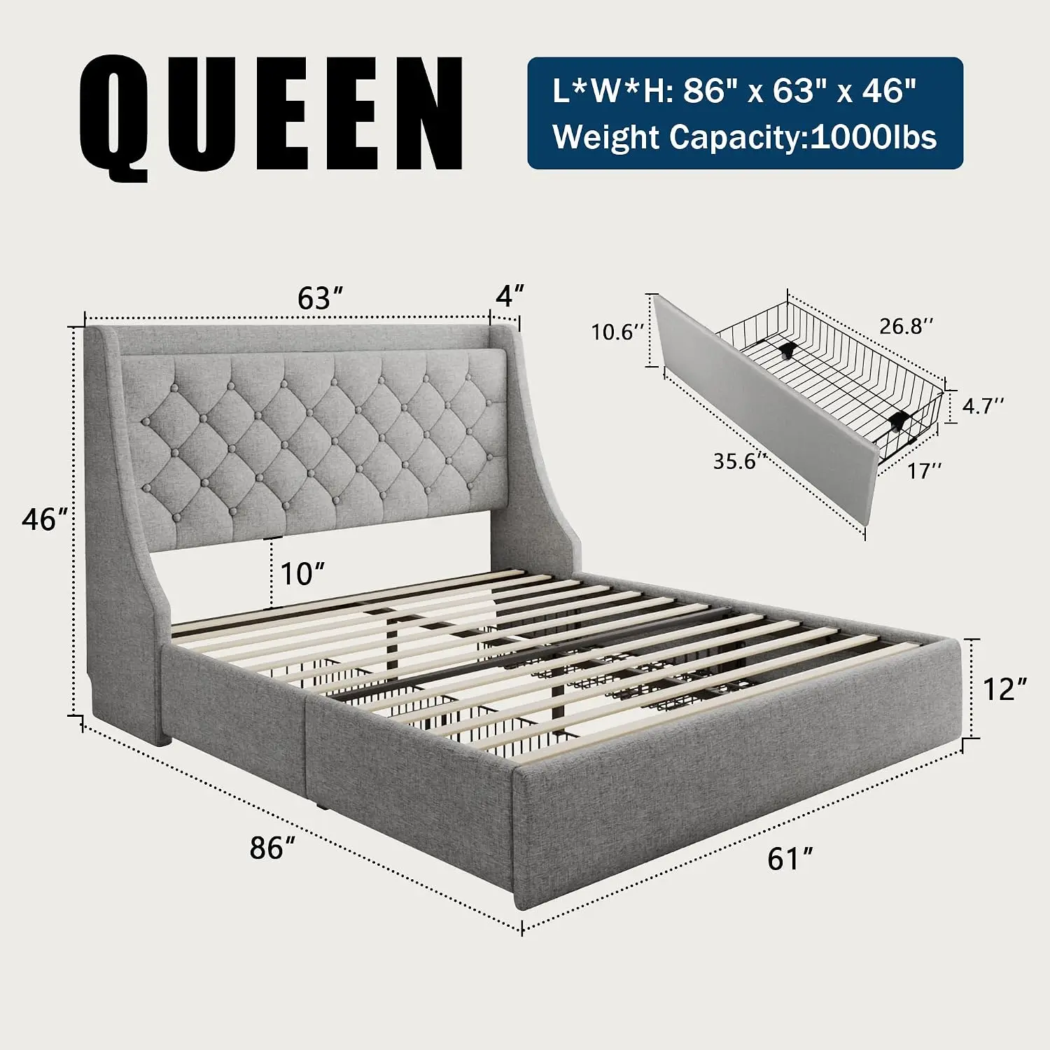 Queen Upholstered Platform Bed Frame with Storage Drawers & Charging Station, Wingback Headboard, No Box Spring Needed, Noise-Fr