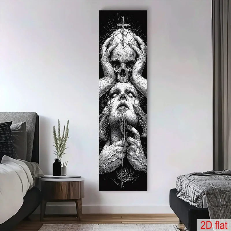 VIKAMA Black Horn Woman Skull Cross Tapestry - Sketch Wall Hanging for Gothic Subcultural Room, Art Aesthetic Decor