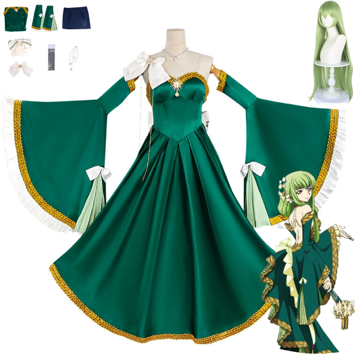 

Anime CODE GEASS Lelouch of The Rebellion CC Cosplay Costume Green Evening Dress Wig Woman Sexy Carnival Christmas Suit