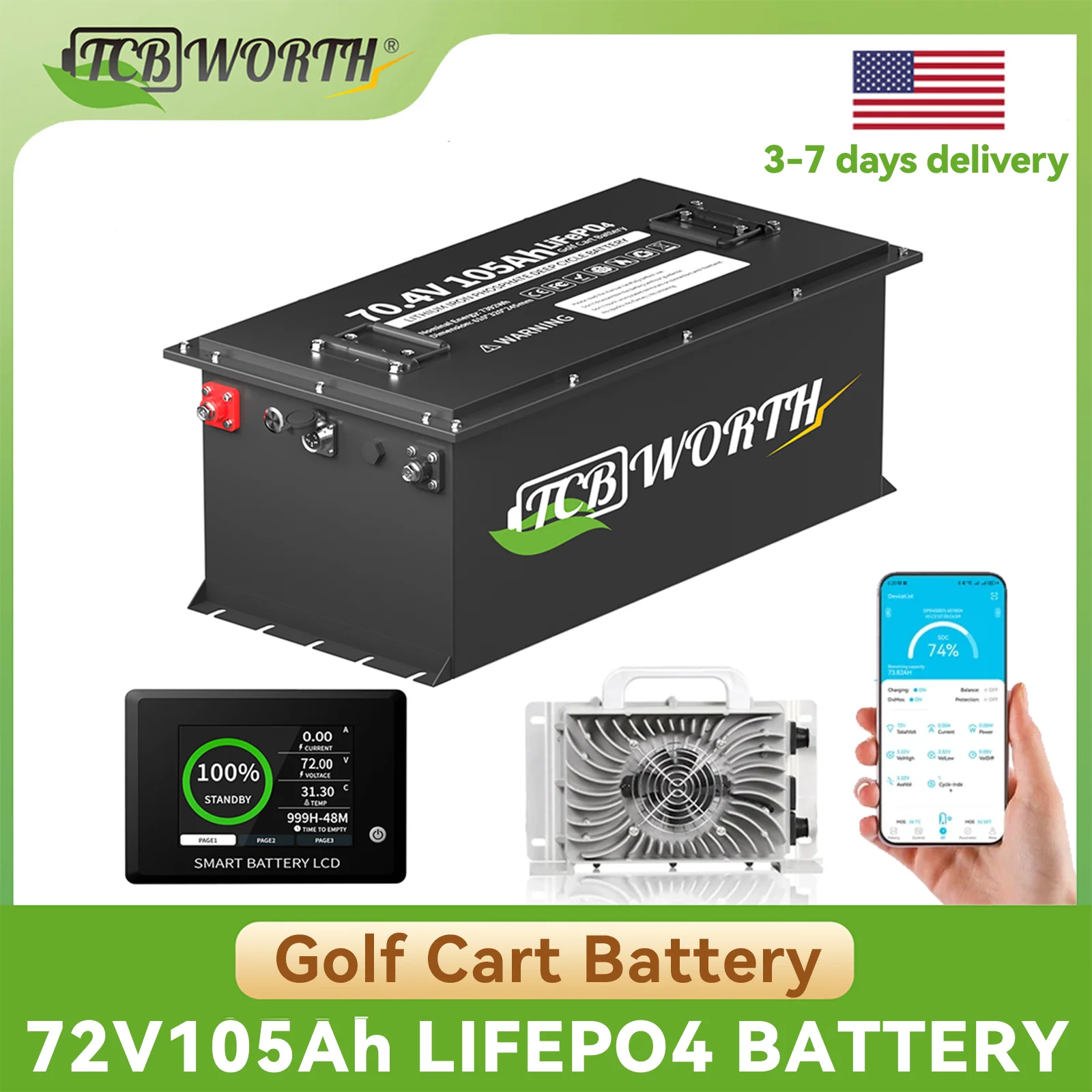 

TCBWORTH 72 В 105 Ач литиевый аккумулятор для тележки для гольфа, встроенный BMS 200 А, с сенсорным монитором и мобильным приложением, аккумулятор LiFePO4 5000+ глубоких циклов