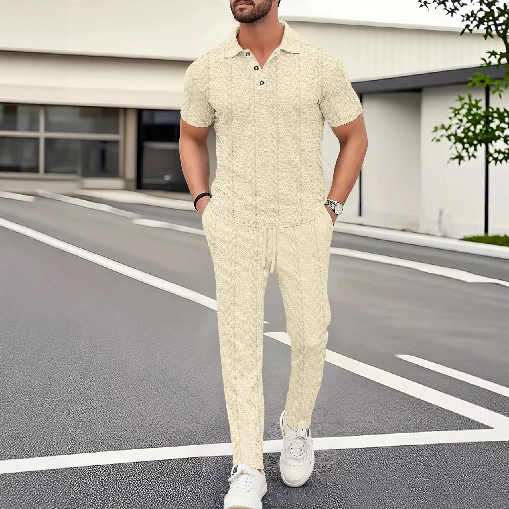 Men's Summer Trend Solid Color Collar Buttoned Jacquard Short-Sleeved Shirt And Pants Casual Suit