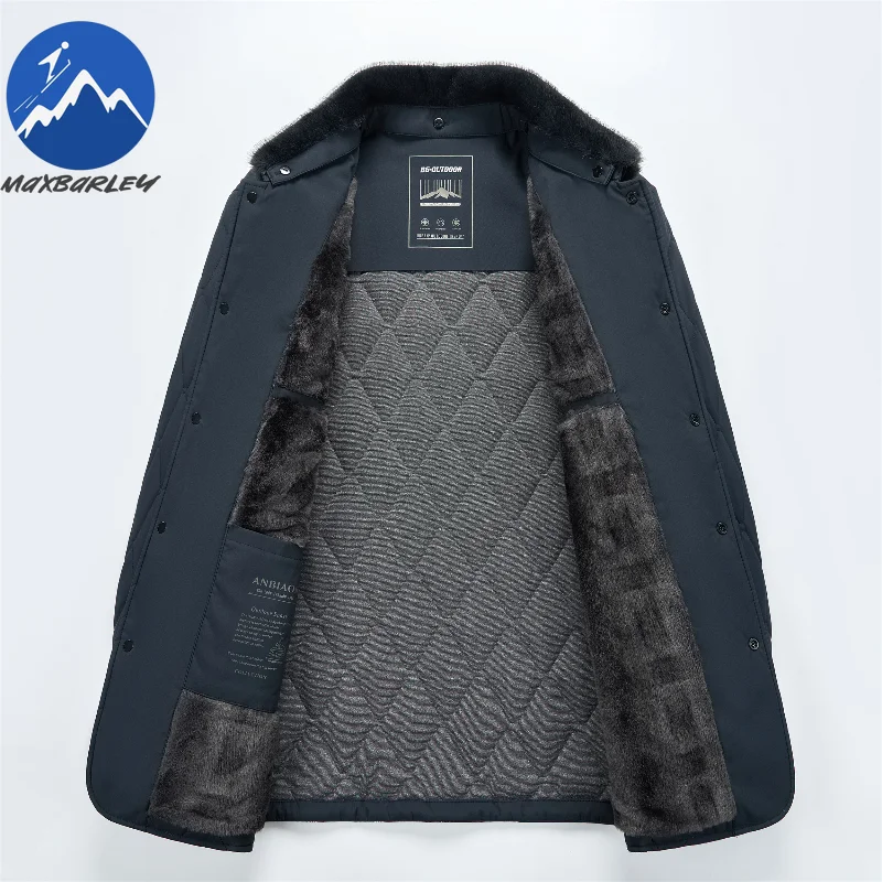 Maxbarley Winter Jacket Men Brand Thick Warm Removable Fur Collar Mulberry Silk Padded Cotton Clothes Japanese Lapel Parka Coat