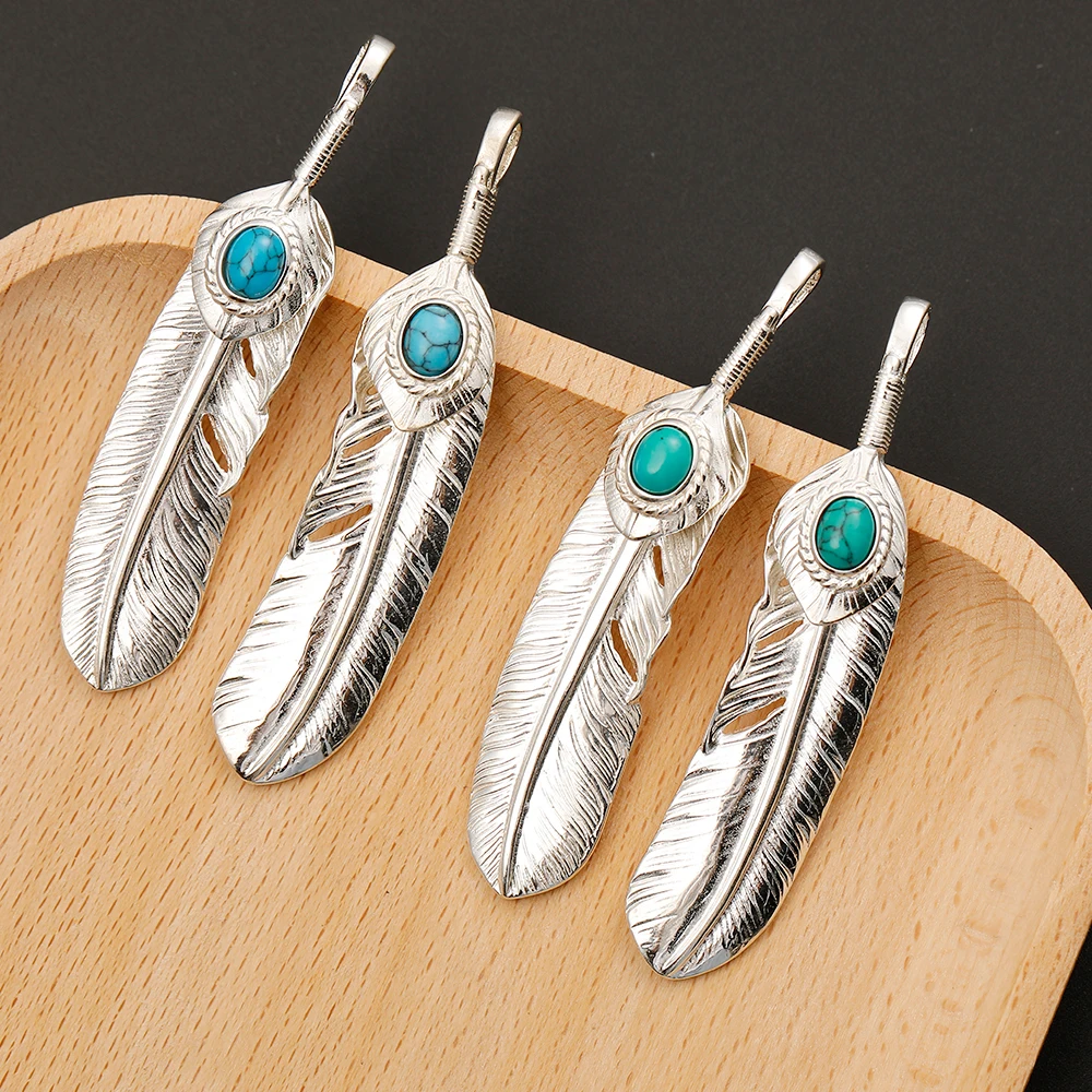 Pure 925 Sterling Thai Silver Feather Pendant Turquoise Charms Japanese Retro Jewelry For Men Goros Takahashi Blue Necklace Gift