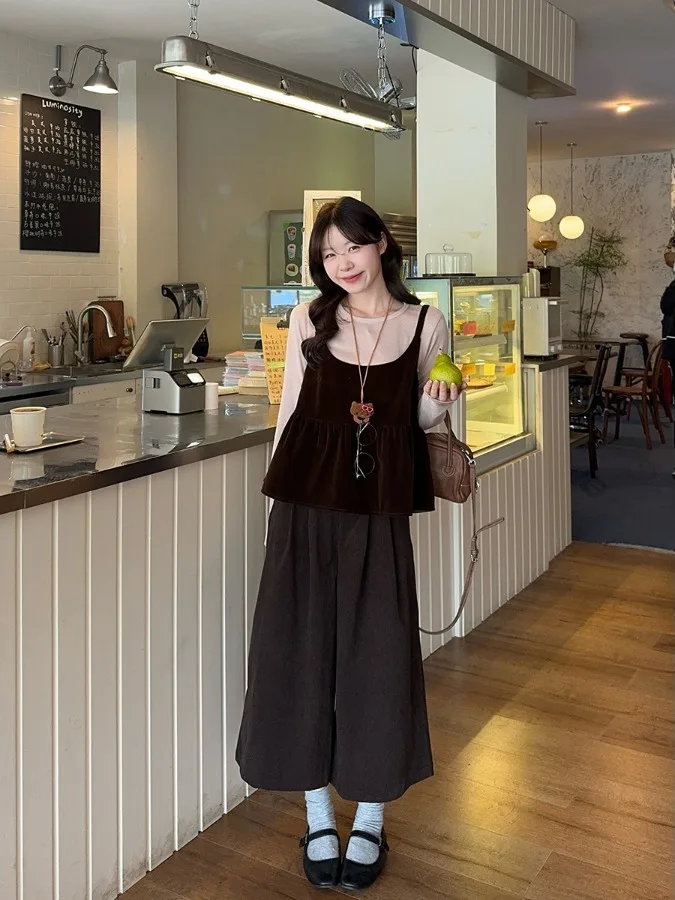 

plus Size Korean Style Set Autumn New Design Sense Youthful Strap Long Sleeve Loose Wide Leg Pants Fashionable Three-Piece Suit