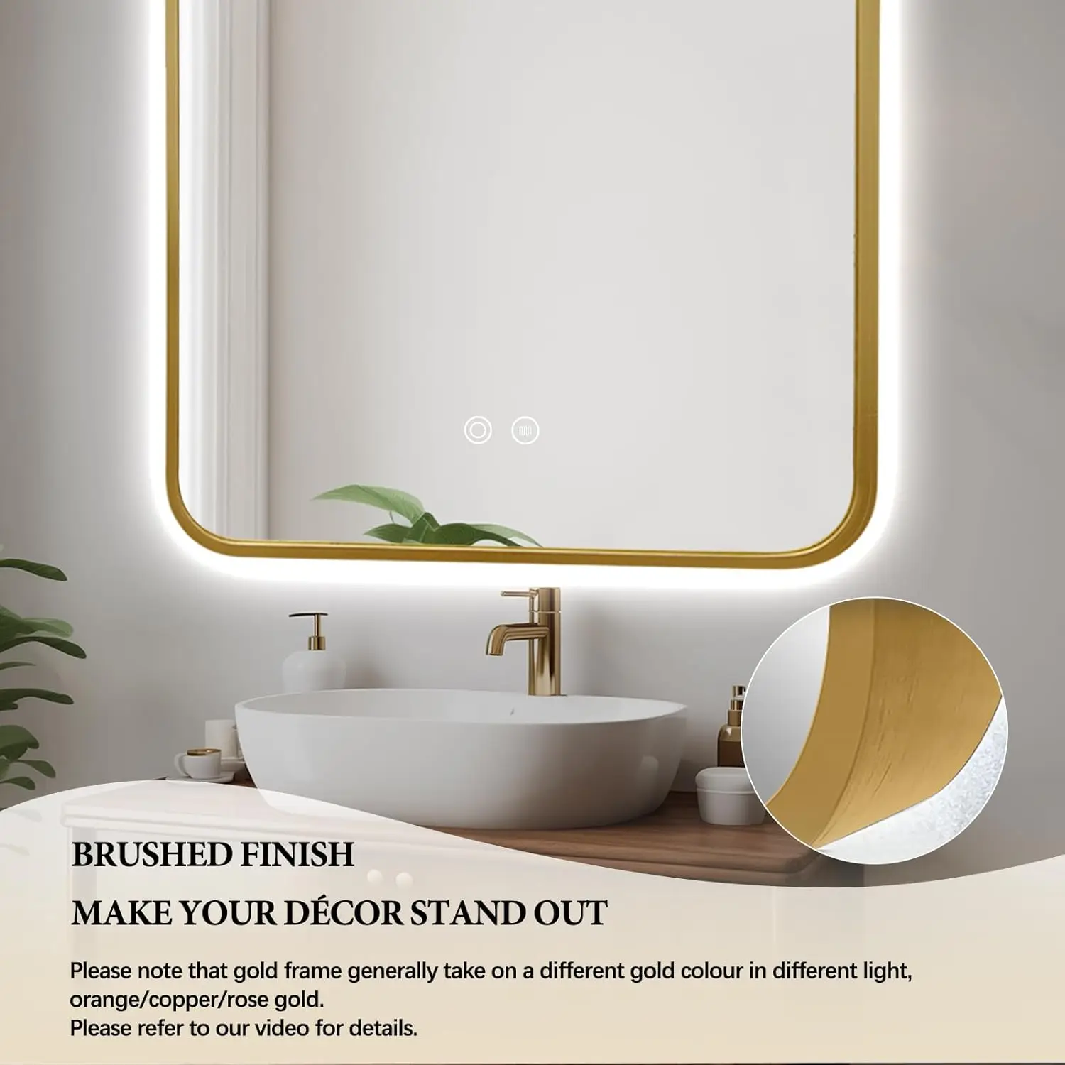Bathroom Setting, Gold Framed Arched LED Backlit Mirror, Fog Free, 3 Color Temperatures Adjustable Brightness
