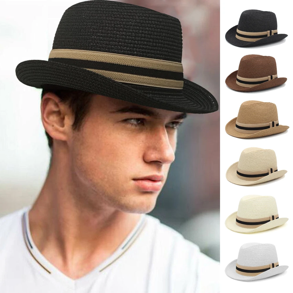 Men Women Straw Classical Retro Homburg Hats Bowtie Band Fedora Caps Trilby Sunhat Jazz Summer Adjustable Size M-L 7 1/8-7 1/4