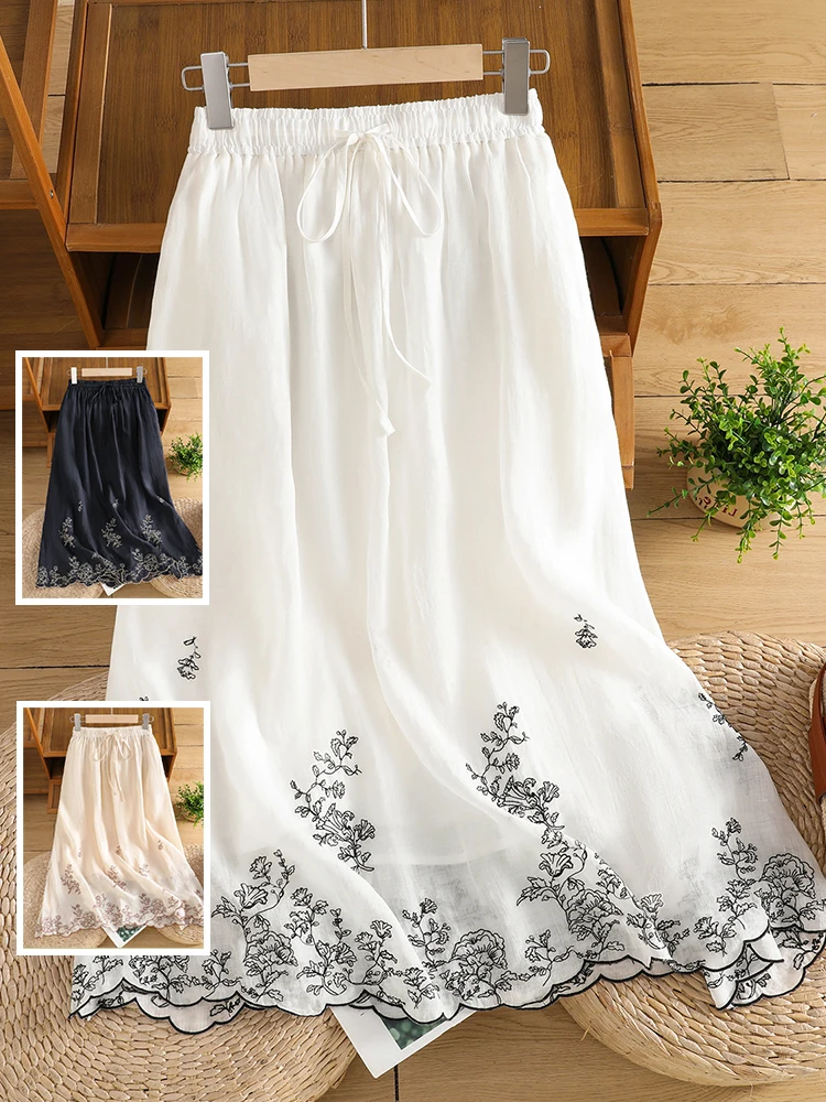 

Retro Heavyweight Embroidered Double Layered Midi Skirt plus Size Women's Casual Loose Fit High Waist A-Line Skirt