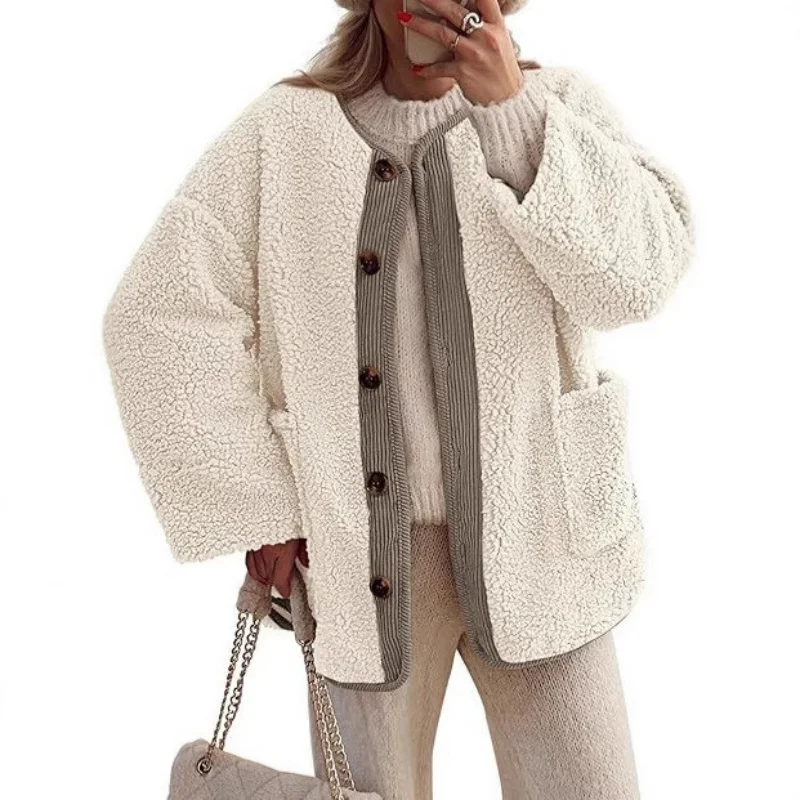 Women's Warm Winter Jacket round Neck Casual Long Sleeve Button Plush Lamb Fleece Coat Soft Outerwear for Cold Weather