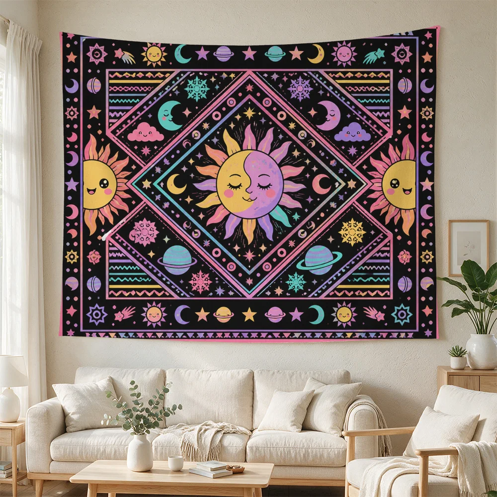 Boho Galaxy Sun Moon Constellation Tapestry Wall Hanging Bohemian Space Decor for Nursery Bedroom