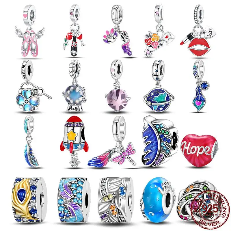 

S925 Sterling Silver Charms Fit Original Pandora Colorful Travel FeatherBracelet DIY Beads For Women Birthday Fine Jewelry Gift