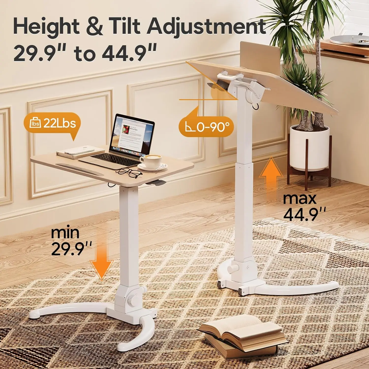 JOY Worker Foldable Mobile Standing Desk, Pneumatic Height Adjustable, 90° Tilt Rolling Laptop Desk, Portable Desk,