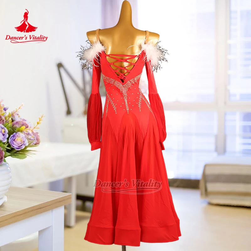 Dancer's Vitality Adult AB Stones Dew Shoulder Long Sleeves Social Dance Dress Women Viennese Waltz Practise and Perform Clothes