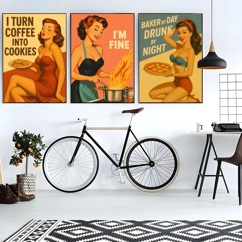 Retro Pin-Up Girl with Funny Kitchen Poster Decorative Wall Art Stickers Mural Photo Print for Home Living Room Hallway Decor view 4