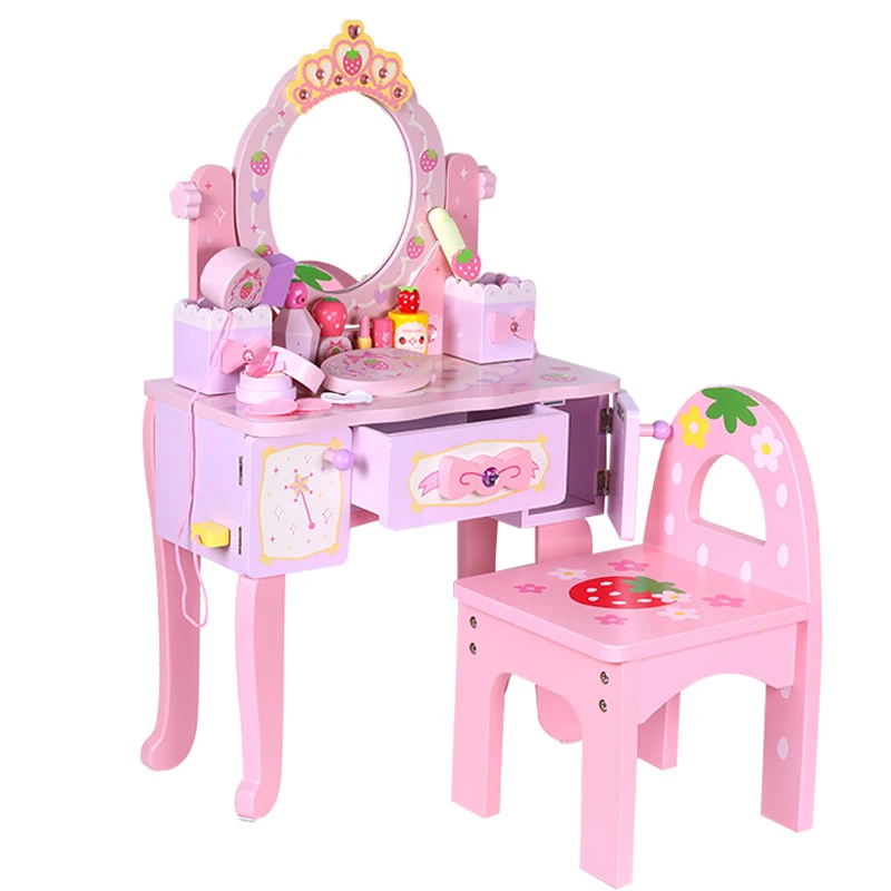 

Children's Wooden Dressing Table Girl Crown Simulation Play House Makeup Toy Princess Pink Dressing Table Toy