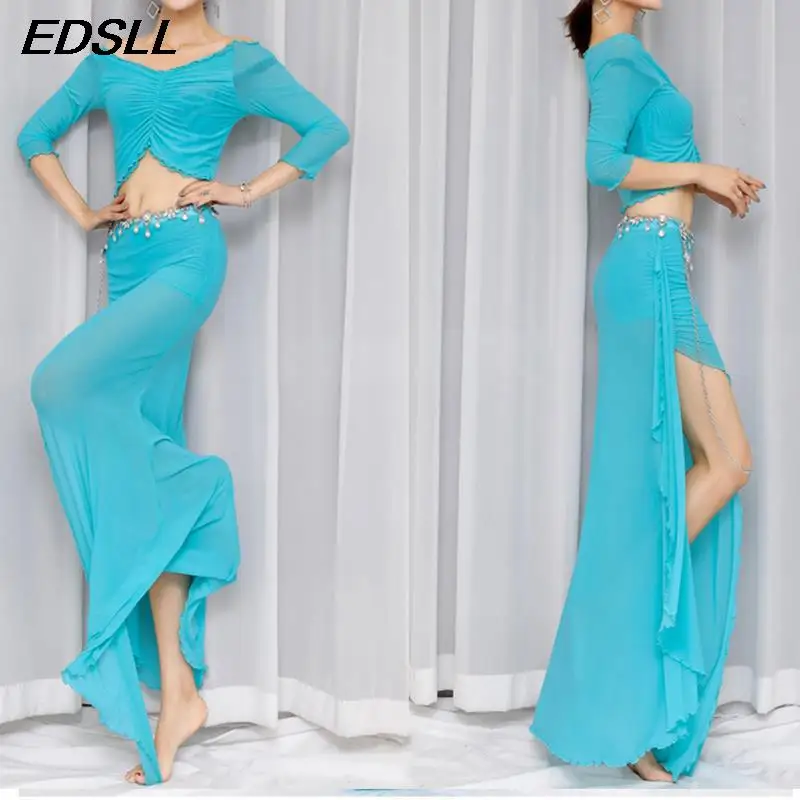 Adult Belly Dance Oriental Practice Set Women Elegant Top+ Sexy Split Skirt Clothes Suit Bellydance Stage Performance