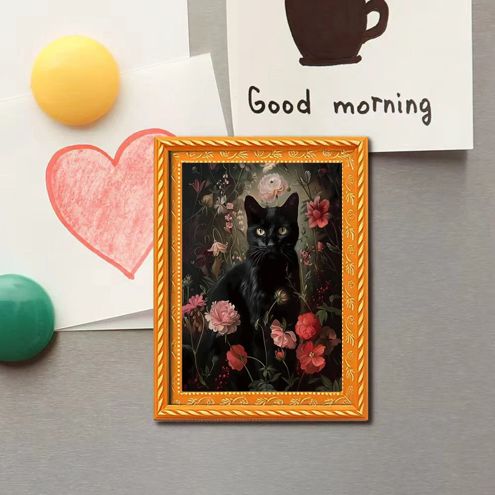1 Piece of Vintage Flower and Black Cat Refrigerator Magnet, Oil Painting Style Flower and Cat Decorative Magnet in Frame Form, Halloween Home Kitchen Decoration