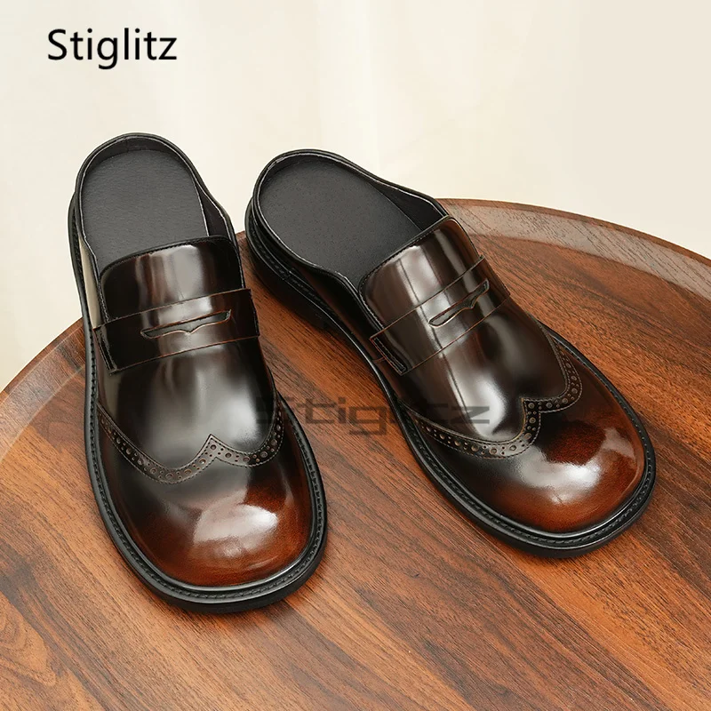 Brogue koeienhuid halve slippers voor heren Britse stijl zakelijk casual stijlvolle slip op ronde neus zomer lederen muilezels schoenen