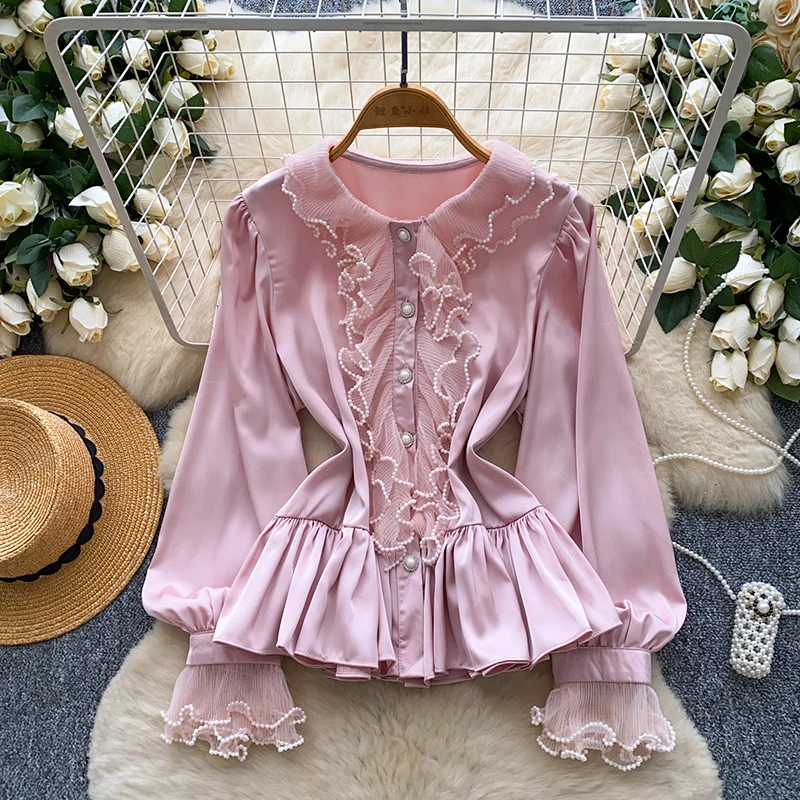 

French Beaded Ruffled Long Sleeved Satin Shirt for Women in Spring Autumn New Fashionable and Elegant Versatile Top Trend W89