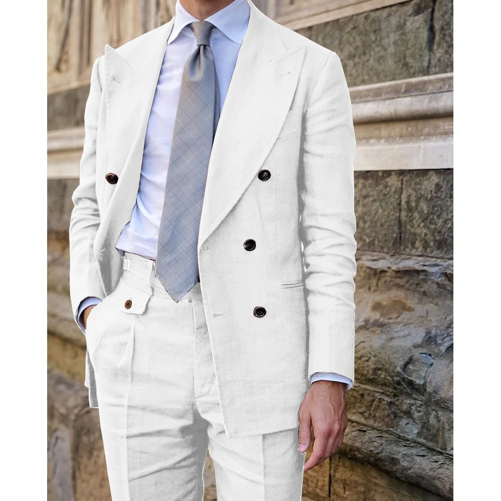 

Men's Cotton Linen Suit Two-piece Set Gun Neck Double-breasted Casual Suit Set Cool and Breathable Workwear Wedding Suits