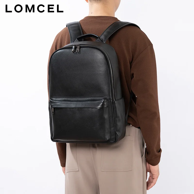 LOMCEL Leather double shoulder bag for men, suitable for business and casual wear, 16-inch lightweight laptop backpack