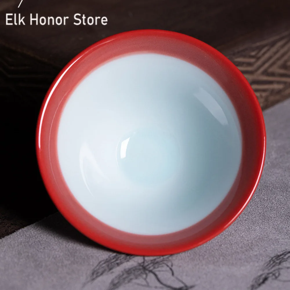 95ml Boutique Longquan Celadon Teacup Handmade Red Galze Ceramic Master Cup Women\'s Hat Cone Tea Bowl Kung Fu Teaware Gift Box
