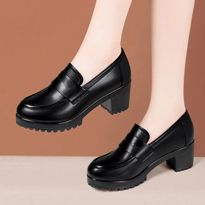 6cm Small Size 32-43 Britisy Style Soft Leather Loafers Women Pumps 2024 Fall Med Block Heels Shoes Platform for Office Mom