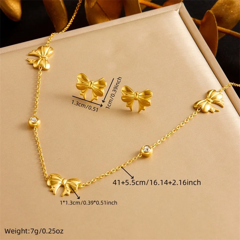 DIEYURO 316L Stainless Steel Round Rhinestone Golden Bowknot Necklace Earrings Bracelet Suit Girl New Trend Bow Jewelry Gift Set