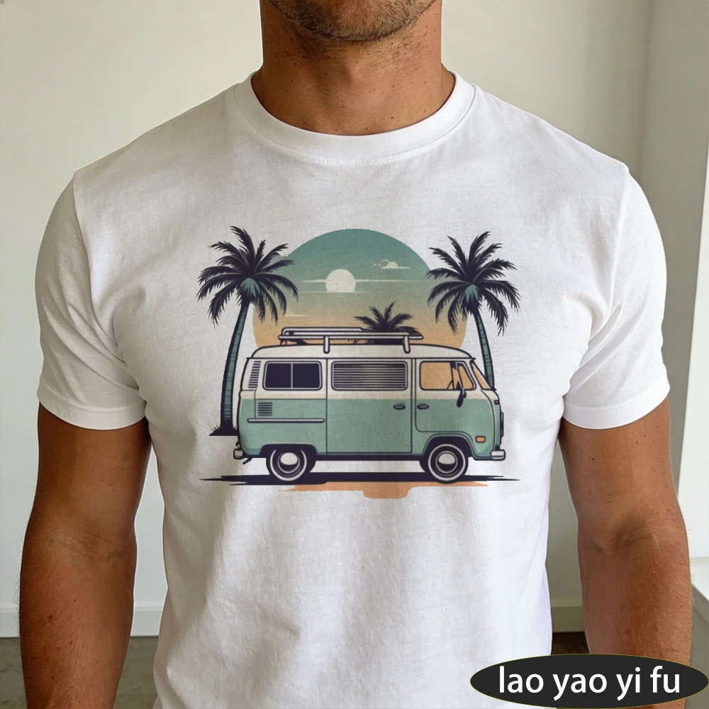 Retro Camper Van Palm Tree Sunset Beach Men Summer Cotton T Shirt Vintage Road Trip Nature Casual Holiday Wear Tee