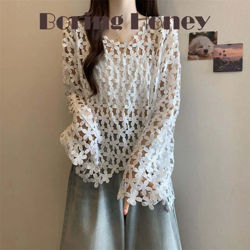 

Spring Summer Ethereal Lace Embroidered See-through Blouse Women's Unique Slit Design Long-sleeved Outerwear Versatile Solid Col
