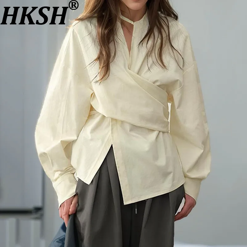 

HKSH Spring Autumn New Women Shirt Design Cross Tie Waist Cinching Long Sleeved V-neck Temperament High Street Chic Tops HK11218