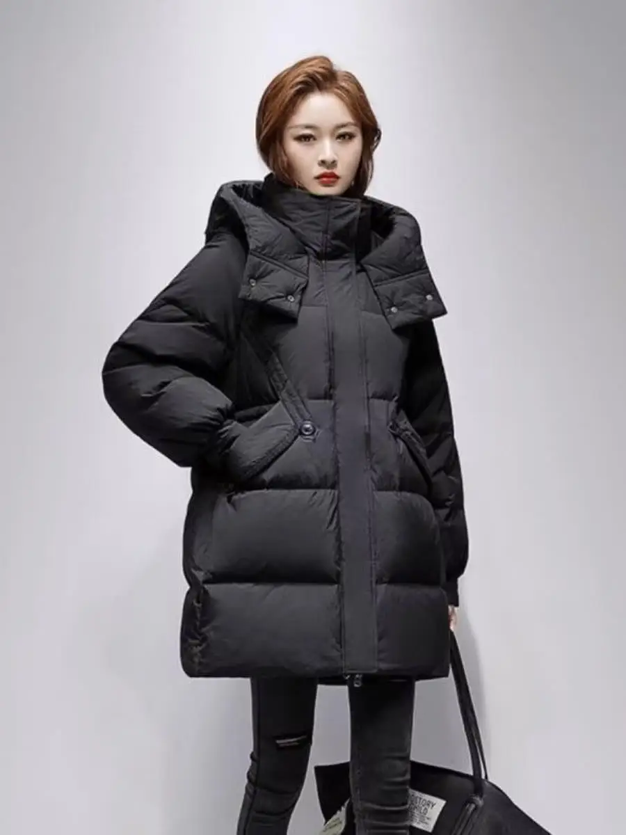 Women's Mid-Length down Jaet Du Feather Thiened Warm Coat Loose Fit Waist-Cinching Hooded Winter Outerwear