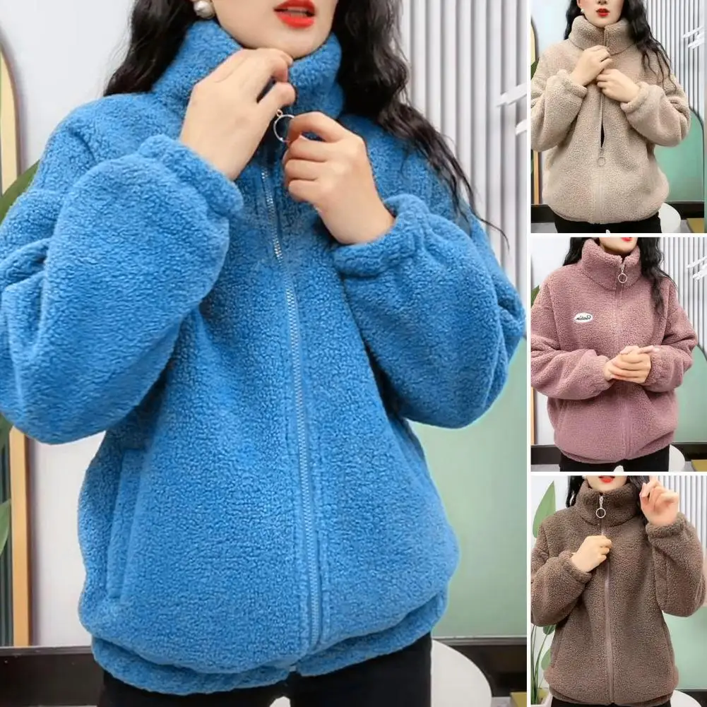 Spring Winter Jacket Women's Fleece Zipper Closure Jacket with Stand Collar Long Sleeve Pockets Warm Winter Cardigan Outerwear