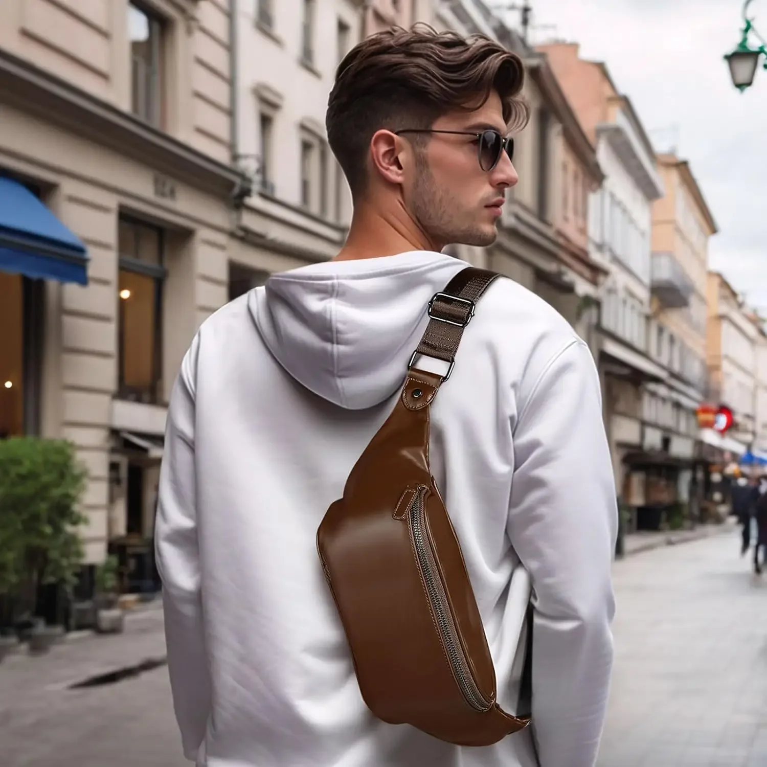 Picture 3: Soft Leather Fanny Pack for Women & Men, Crossbody Waist Pack with Adjustable Strap, Large Pocket, Sturdy Zippers, for Travel, H