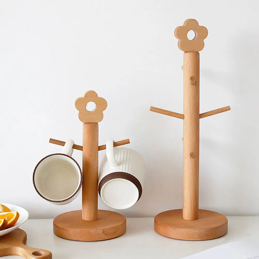 1Pcs Premium Beech Wood Flower-Shaped Cup Hanger Rack Sturdy Mug Holder with Anti-Skid Base for Home Kitchen Restaurant Storage