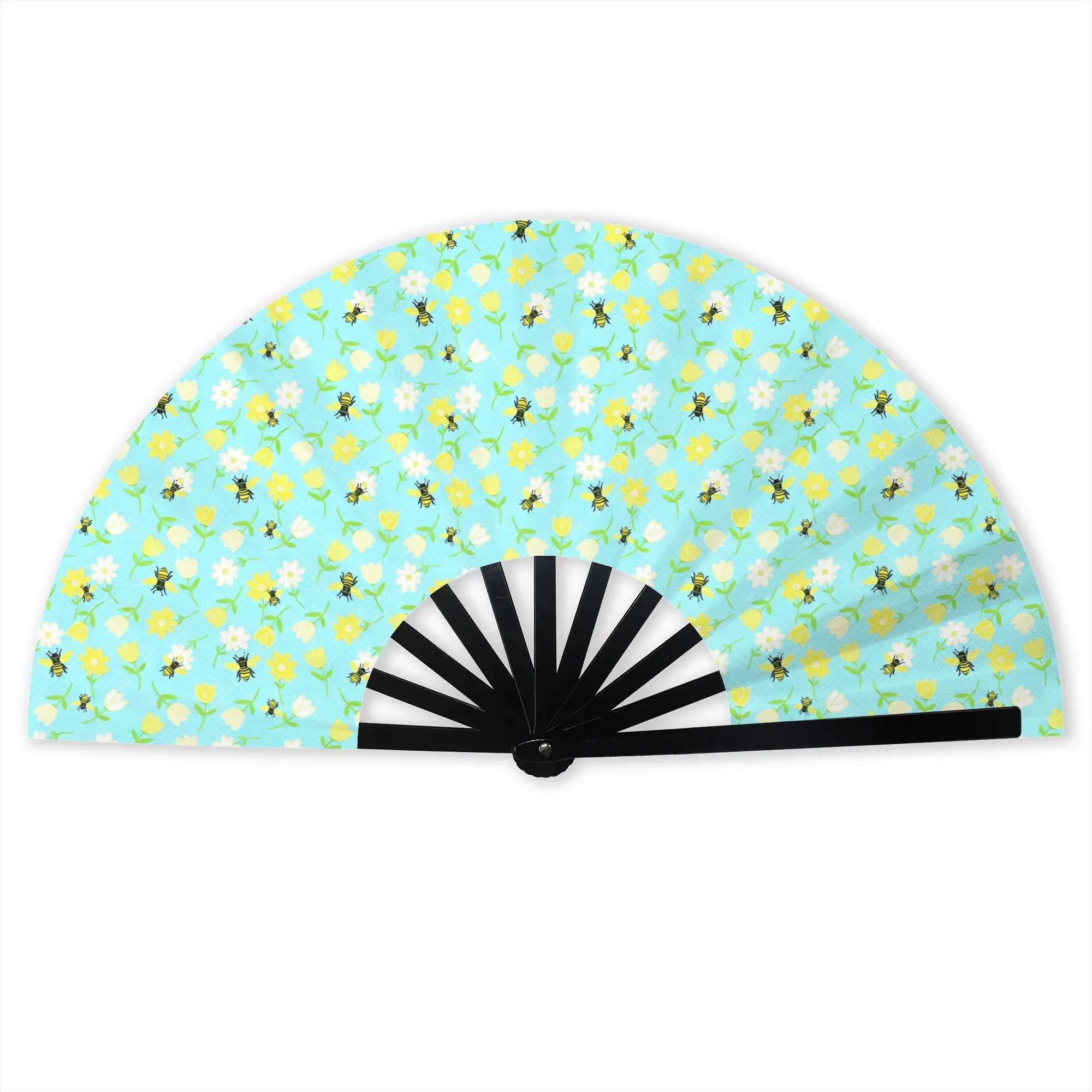 Bees on Dainty Flowers  Hand Fan Promotional Gift Event Souvenir Blue Background Durable Folding Fans Novelty Bulk Pack Fan