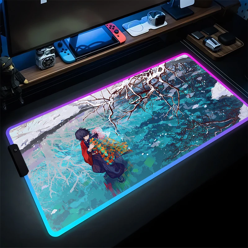 

RGB Mouse Pad Gaming Accessories PC Computer Demon Slayer Tomioka Giyuu Keyboard Pad Gamer HD Desk Mat alfombrilla LED Mousepad